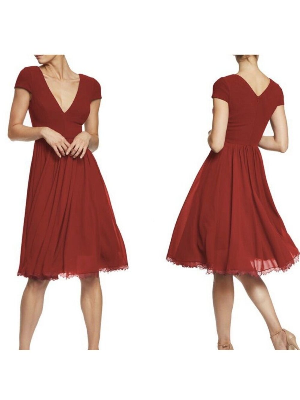 🆕DRESS THE POPULATION Corey Flare Chiffon Dress Burgundy Large 8-10